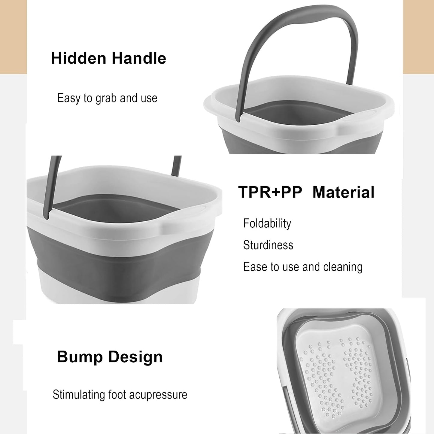 Collapsible Foot Soak Tub 15L(4 GL) with Handle, Bath Massager for Dry Cracked Feet, Plastic Grey Foot Bucket