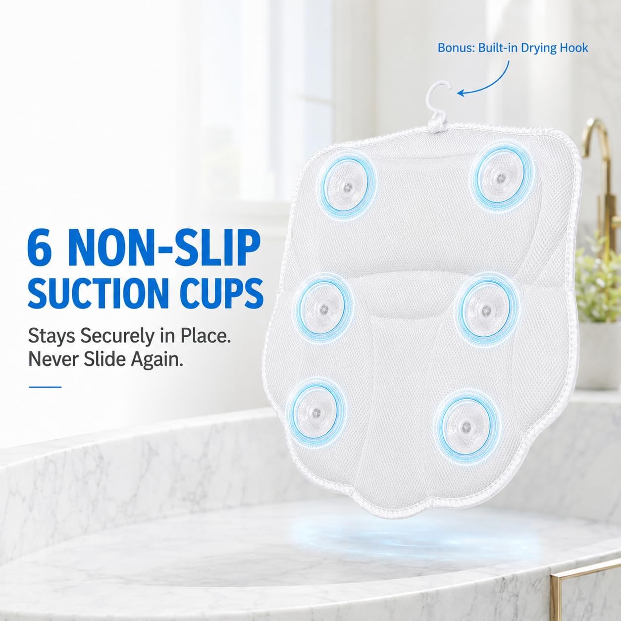 Wavy 4D Air Mesh Bath Pillow for Tub Neck and Back Support | Includes 6 anti-slip suction cups and a built-in hook for quick drying. Excellent ergonomic spa accessories gift for adults.