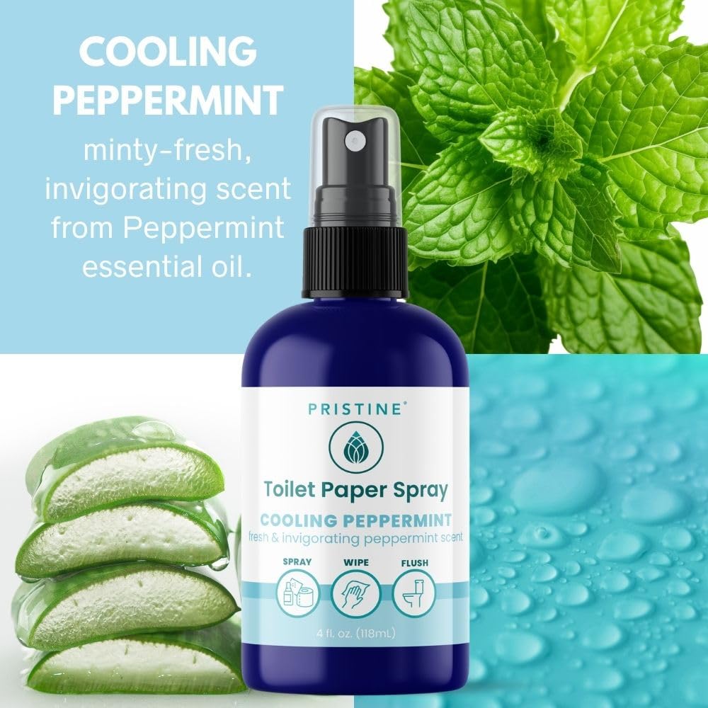 PRISTINE Toilet Paper Spray, As Seen on Shark Tank, Flushable Wipe Alternative, Personal Cleansing Bathroom Spray for Regular Toilet Tissue, Bidet Alternative, Made in USA, Cooling Peppermint, 4oz