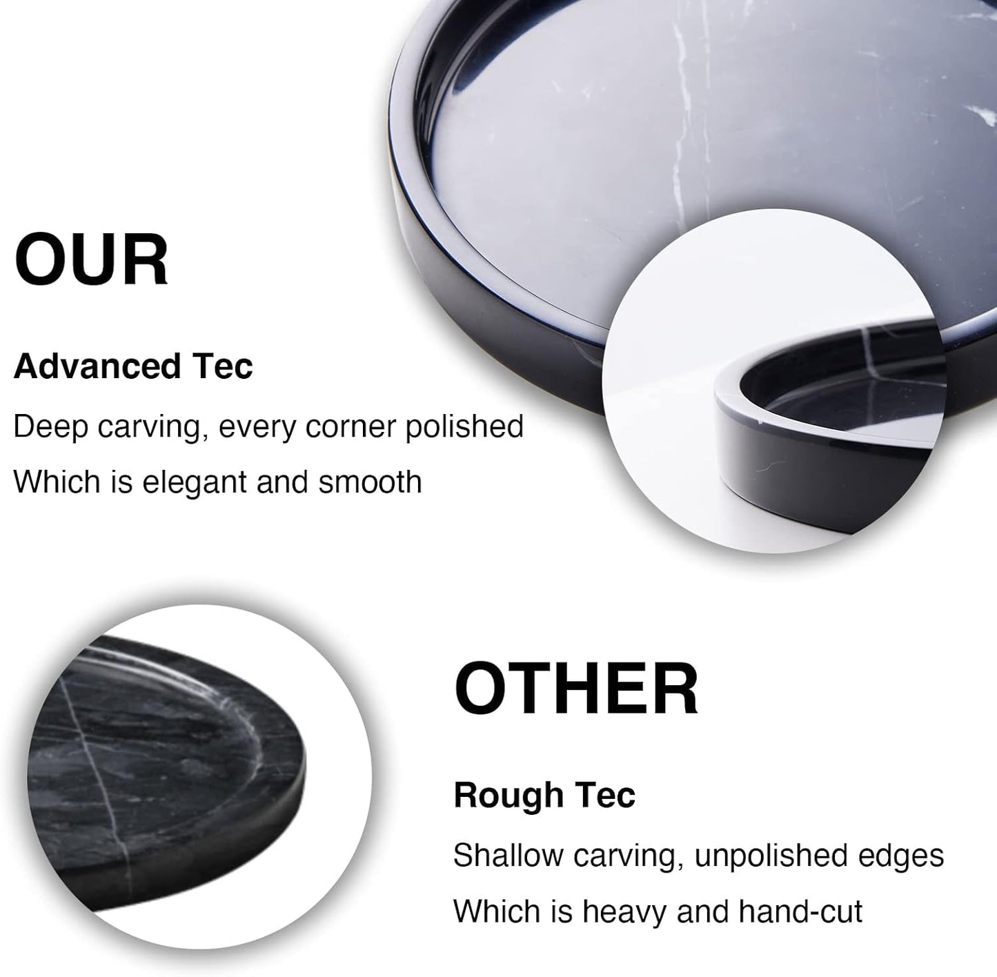 100% Carved Marble Round Vanity Tray 5.5'', for Kitchen Bathroom Countertop, Nightstand Decor, Candle Holder, Jewelry Rind Dish, Trinket Plate, Table Accents, Black