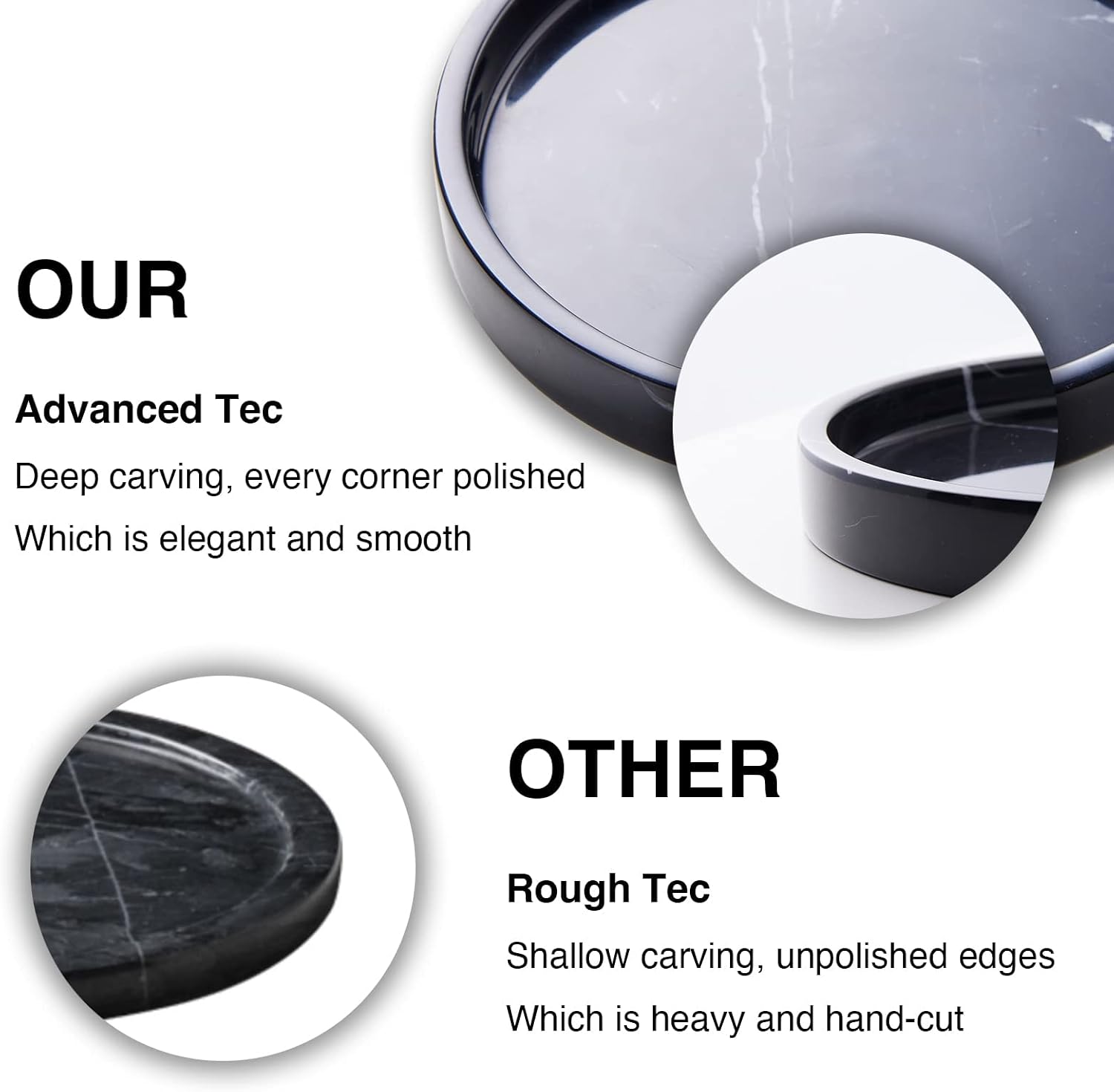 100% Carved Marble Round Vanity Tray 5.5'', for Kitchen Bathroom Countertop, Nightstand Decor, Candle Holder, Jewelry Rind Dish, Trinket Plate, Table Accents, Black