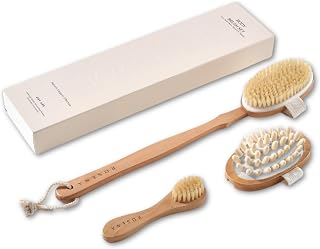 Dry Brushing Body Brush Set – Natural Bristle Spa Exfoliator Kit with Face Cleansing Brush, Long Dry Brushing Body Brush for Lymphatic Drainage & Massaging Cellulite Brush for Smooth, Radiant Skin