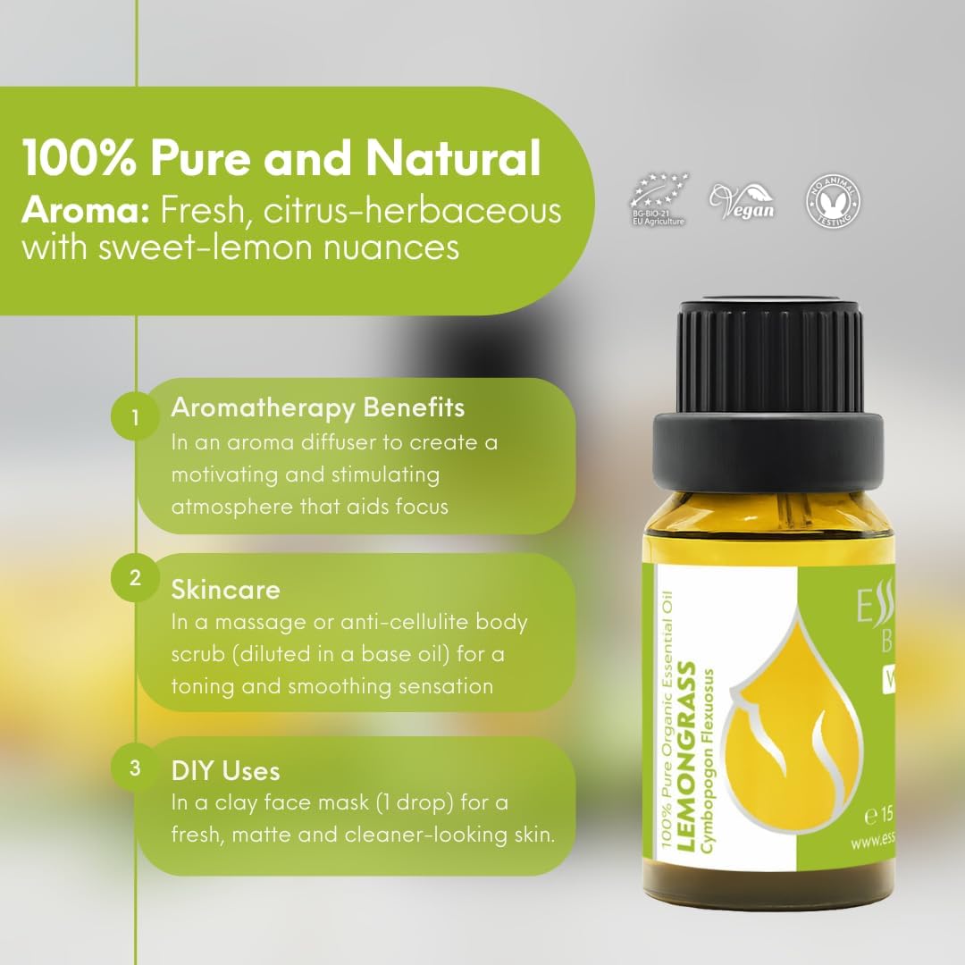 Essences Bulgaria Organic Lemongrass Essential Oil 0.51 Fl Oz | 15ml | Cymbopogon flexuosus | 100% Pure | Natural | Undiluted | Therapeutic Grade | Aromatherapy | Cosmetics | Cruelty Free | Vegan