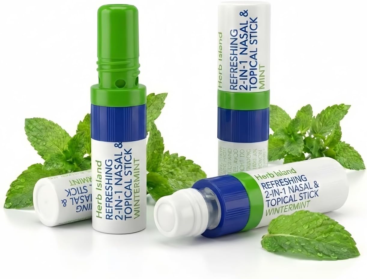Herb Island 2-in-1 Nasal Stick Inhaler & Essential Oil Topical Rub, Refreshing Nose Inhaler Stick, VapoInhaler Wake Up Stick for Focus & Clear Breathing (3PC Mint)