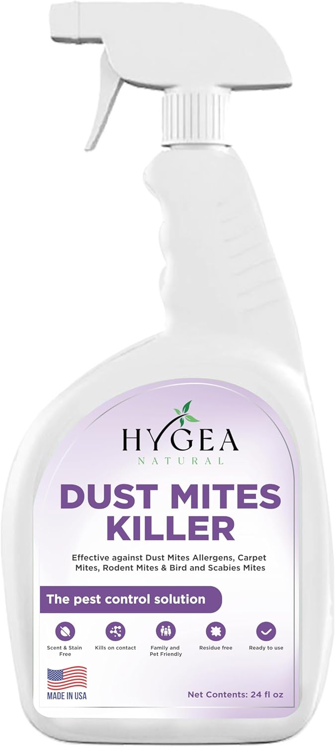 Hygea Natural Dust Mite Killer Spray - Eliminates Dust, Carpet, Rodent, Bird, Mites - Safe for Home, Children, Pets, Bedding & Furniture, 24 oz, Unscented