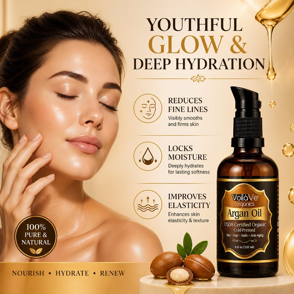 VoilaVe USDA Pure Organic Moroccan Argan Oil for Skin, Nails & Hair Growth, Anti-Aging Face Moisturizer, Cold Pressed, Hair Moisturizer, Rich in Vitamin E, As Seen On TV - 4 fl oz