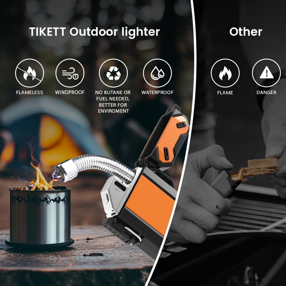 Dual Arc USB Rechargeable Electric Camp Lighter with Retractable Flexible Long Neck Waterproof Windproof Lighter for Outdoor, Grill and Candle (Orange)