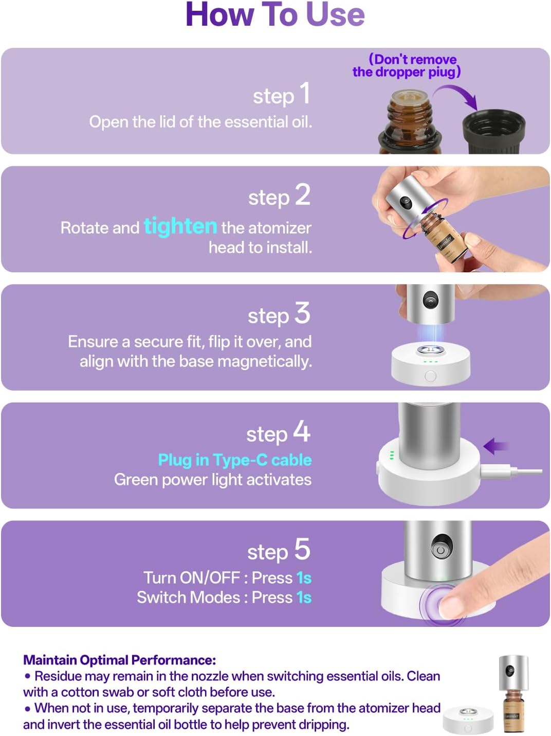 Mini Waterless Nebulizing Essential Oil Diffuser with 10ml Lavender Oil for Aromatherapy, Small Portable with Air Mist and Scent for Home, Room, Hotel, Desk, Office, Travel - Silver
