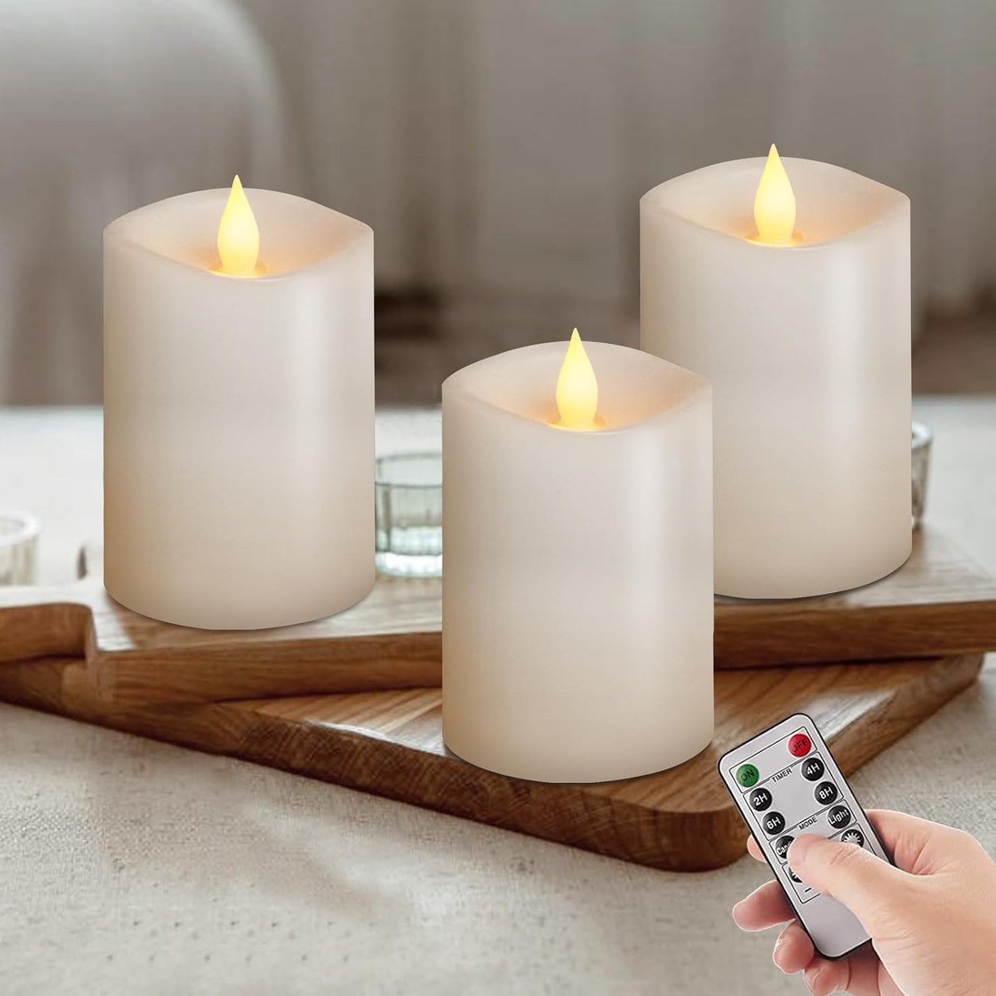 3x4 Flameless Candles with Remote Set of 3, 4 inch Battery Candles Flickering with Timer, LED Pillar Candle for Indoor/Outdoor, White