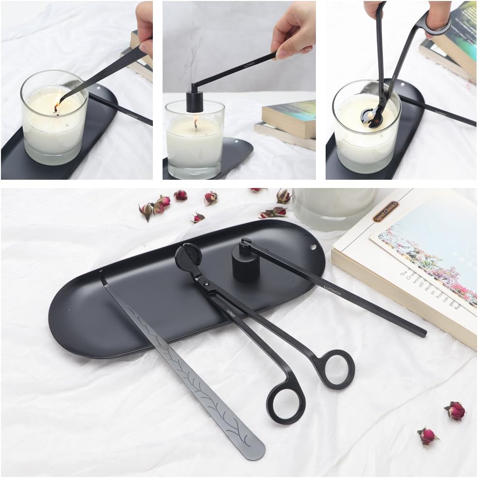 Candle Accessory Set Candle Wick Trimmer Candle Wick Dipper Candle Snuffer Storage Tray 4 Packs Candle Care Kit Gift for Candle Lovers(Black - CAB3)