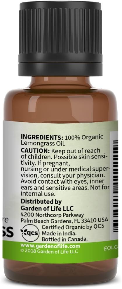 Garden of Life Essential Oil, Lemongrass 0.5 fl oz (15 mL), 100% USDA Organic & Pure, Clean, Undiluted & Non-GMO - for Diffuser, Aromatherapy, Meditation - Cleansing, Relaxing, Calming, Cleaning