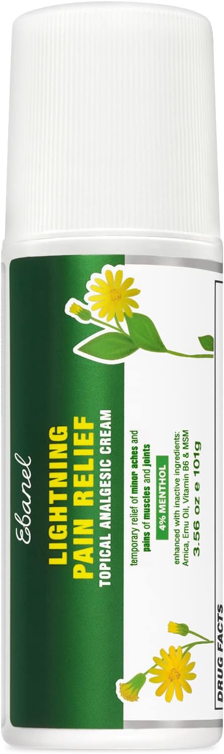 Ebanel Pain Relief Roll On for Arthritis, Foot, Back, Joint, Neck, Strains & Sprains with Menthol, Camphor, Arnica, Emu Oil, MSM, Boswellia, Targeted Muscle Pain Relief Roll On