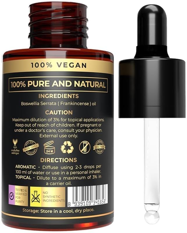100% Plant Based Frankincense Essential Oil for Skin, Face, Aromatherapy & Diffuser - Pure & Organic Frankincense Oil for Anti-Aging, Wrinkles & Dull Skin