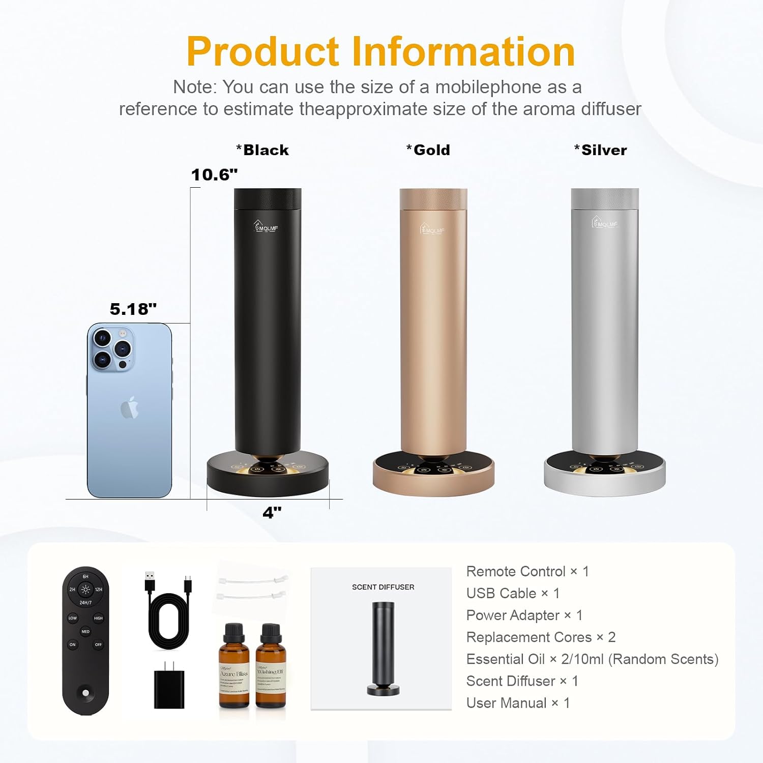 Waterless Diffuser,1500 Sq Ft,Ring Ambient Light,USB Plug-in & Rechargeable,Aluminum,Remote Control&Touch Buttons,Adjustable Fragrance&Timer,Hotel Collection Scent Machine - Gold