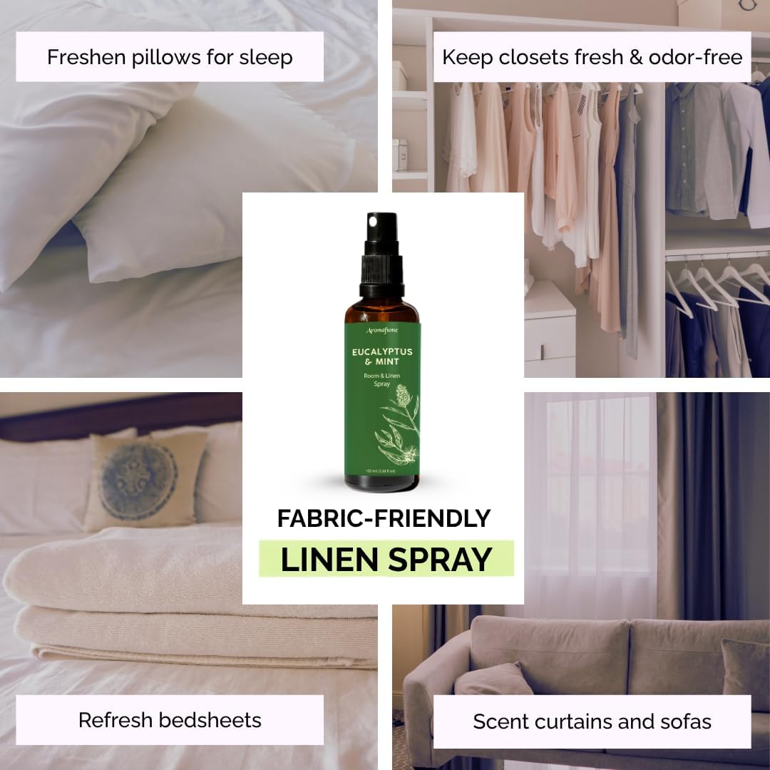 Eucalyptus & Mint Room, Linen & Pillow Spray by Aromafume | 100ml/3.38fl oz | with Pure Eucalyptus & Mint Essential Oil | Aromatherapy | Mist for Bedding, Fabrics