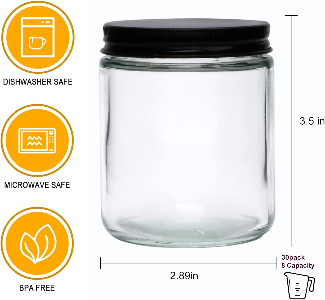 8 OZ Glass Jars with Metal Lids,Clear Round Empty Candle Jars with Airtight Lids,Small Mason Canning Jars for Food,Candle,Honey,Candy,30 Pack.