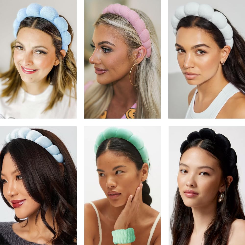 Spa Headbands for Washing Face Wristband Set Sponge Makeup Skincare Headband Wrist Towels Bubble Soft Terry Towel Cloth Hairband for Women Puffy Headwear Non Slip Thick Thin Hair Headwear (Blue)