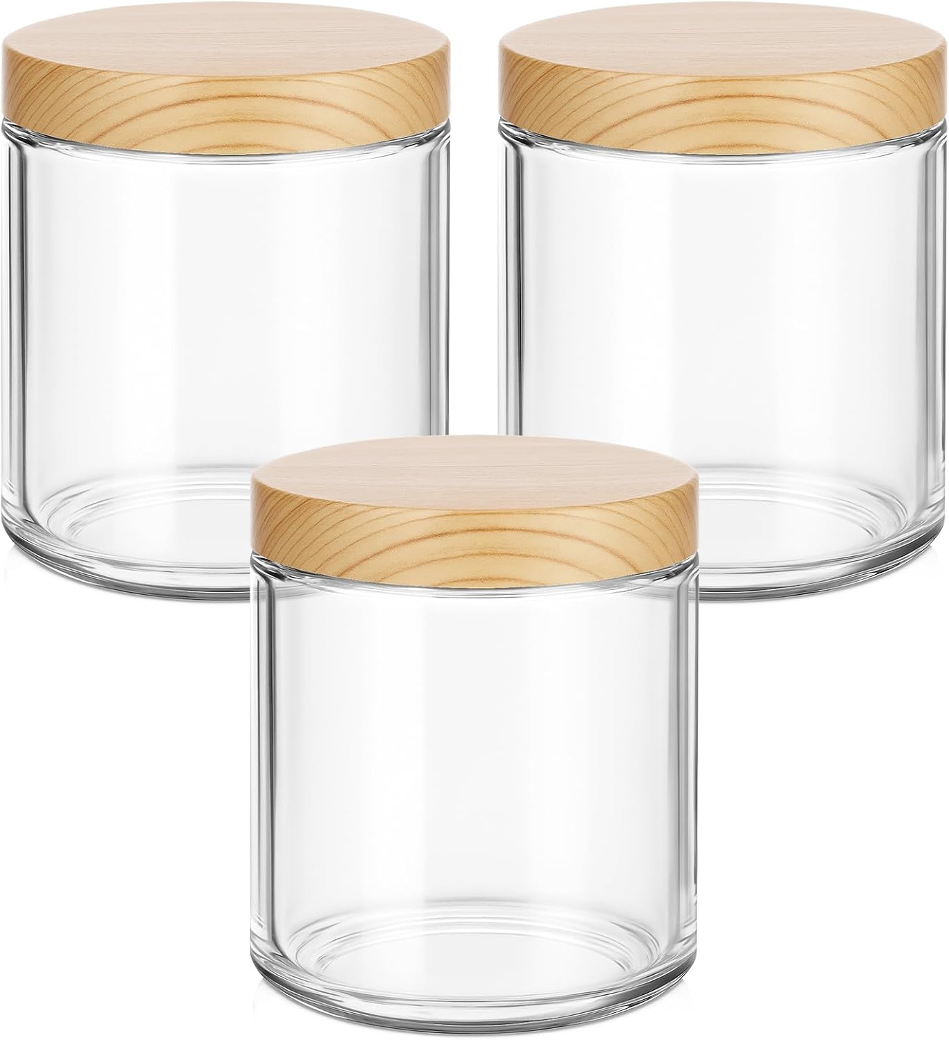 Tecohouse 8oz Glass Jars with Plastic Woodgrain Lids, 3 Pack Candle Jars with Blank Labels, 250g Clear Glass, Wide Mouth | Cosmetic Containers for Sample, Cream, Lotion, Honey, Powder, Jelly