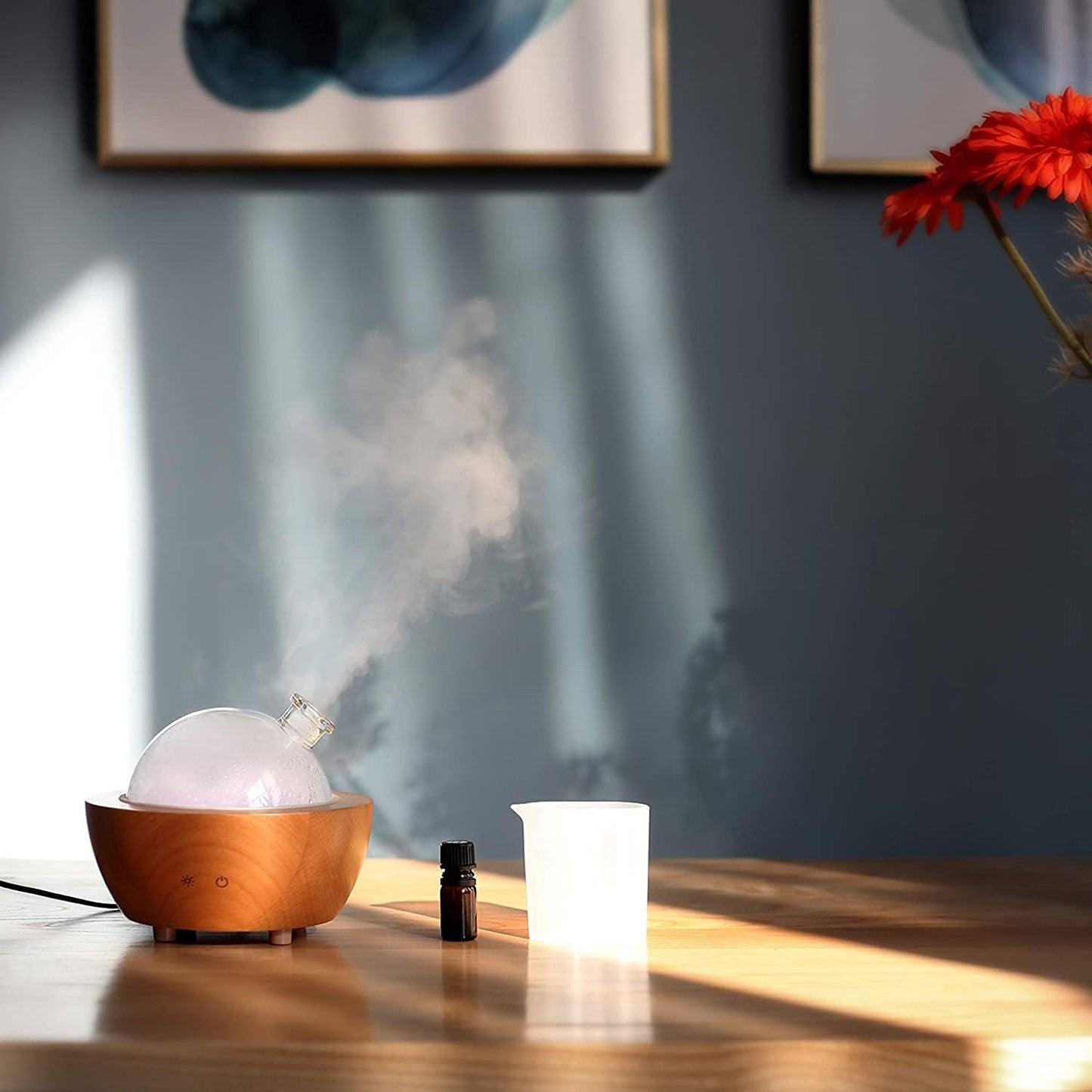 Glass Aromatherapy Essential Oil Diffuser, 200ml Natural Wood Base, Desktop Ultrasonic Aroma Diffuse Essential Oil Humidifier,LED Light Available in 7 Colors, Suitable for Home Office Bedroom