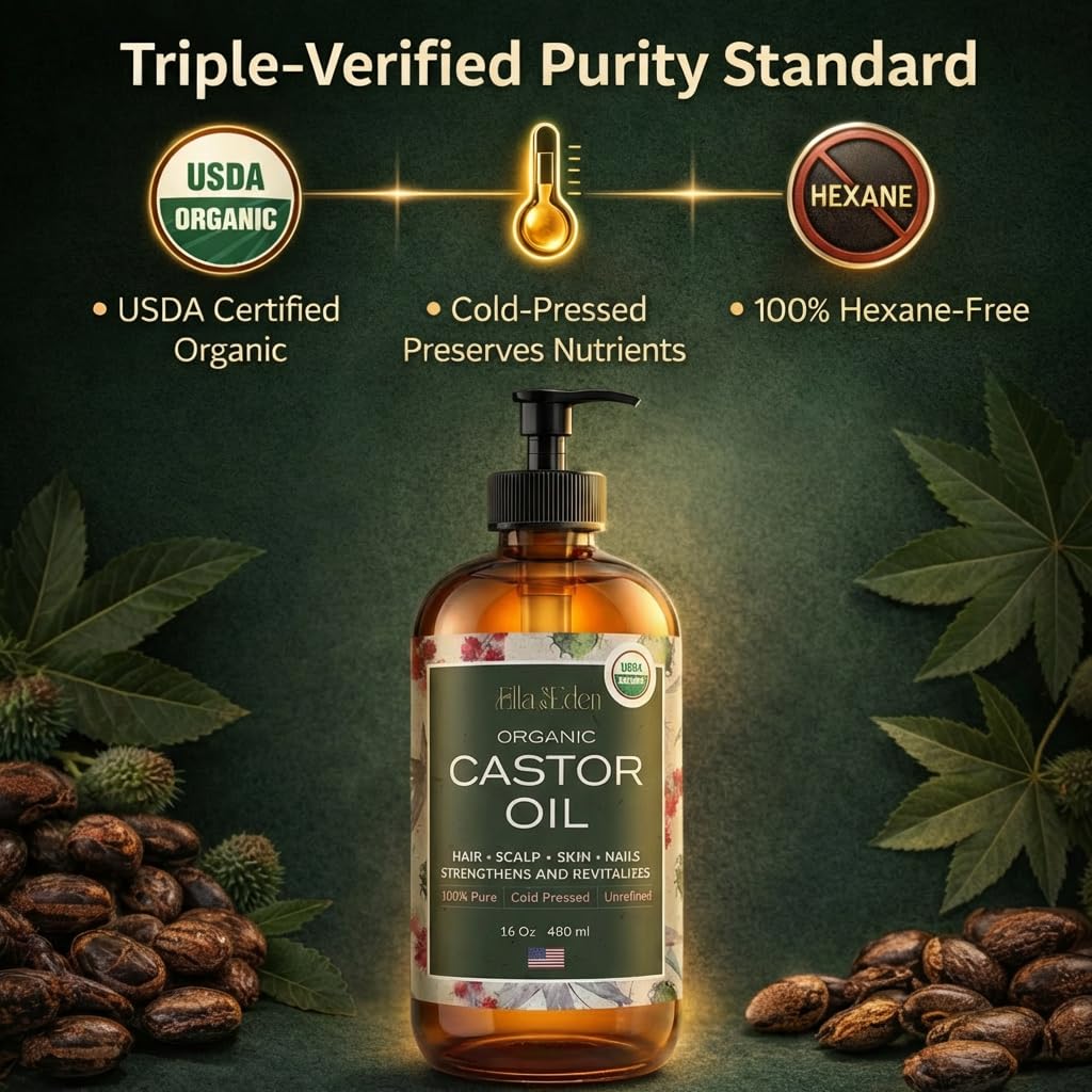 Ella & Eden USDA Organic Castor Oil – 100% Pure Cold Pressed Hexane-Free - Glass Bottle - For Hair Growth, Face, Eyelash, Skin, Stomach - Unrefined 16 Fl Oz