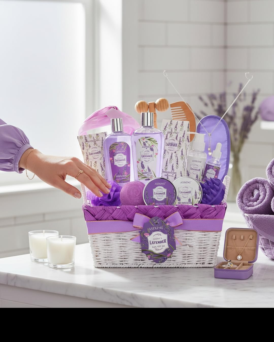19-Pc Luxury Body Gift Set for Women, Lavender Bath and Body Gift Basket, Spa Gift Basket, Home Spa Gifts, Facial Care, Necklace, Skin Care gift set for Mother Day, Anniversary, Birthday, Christmas