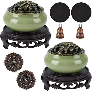 WEBEEDY 6 Pcs Ceramic Incense Burner Set Complete Incense Burning Kit Include 2 Ceramic Incenses Burner, 2 Lotus Incenses Holder Tray & 2 Stand for Home Fragrance Meditation Decoration Gift