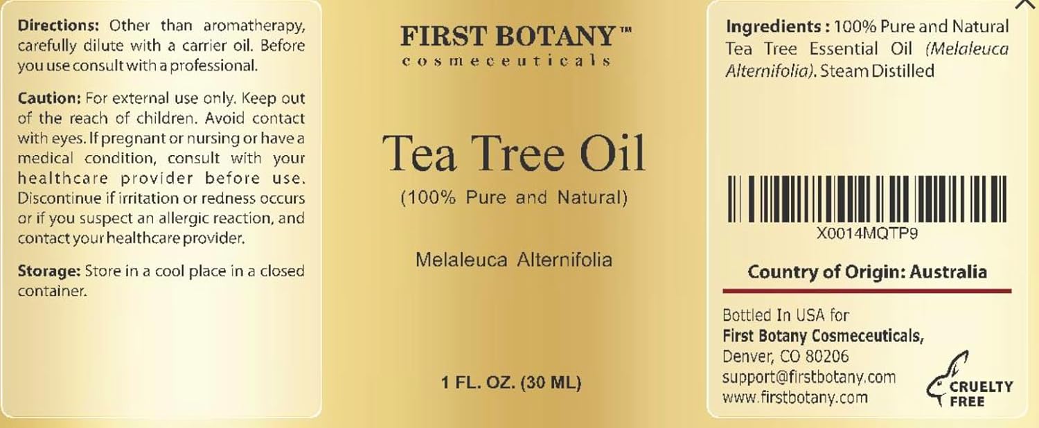 First Botany, 100% Pure Australian Tea Tree Essential Oil with high conc. of Terpinen - A Known Solution to Help in Fighting Acne, Toenail Issues, Dandruff. (1 fl oz)