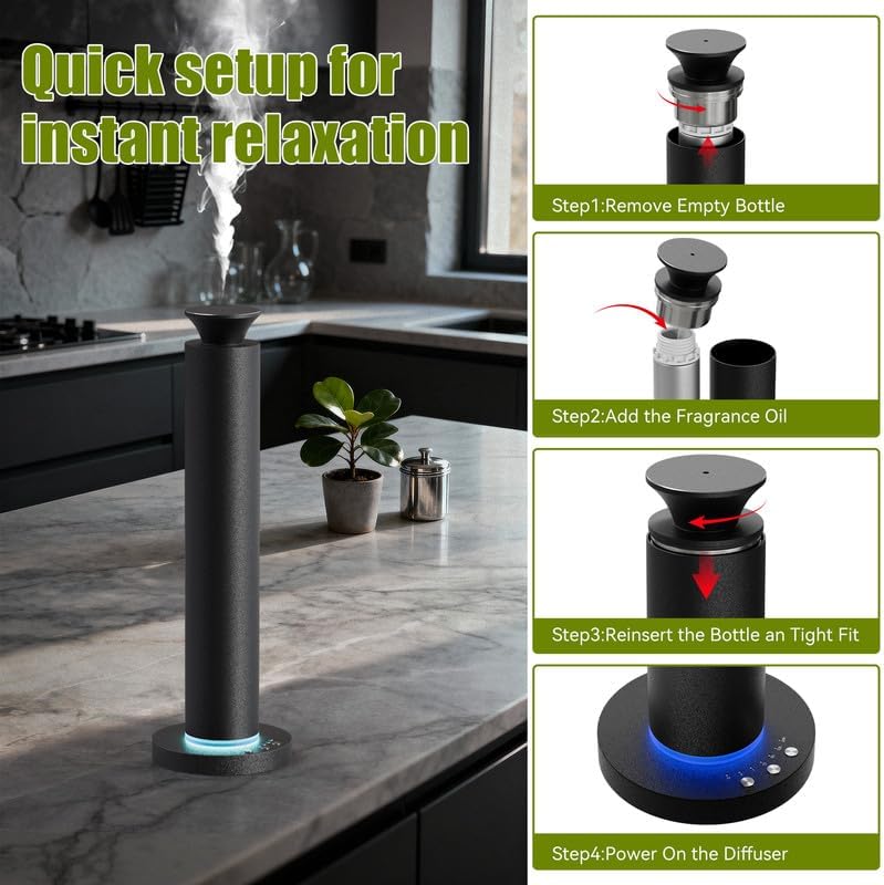 Waterless Scent Diffuser Machine with 4 Lights and Breathing Lights Modes Max Coverage 2500 sq.ft. Essential Oil Diffusers Fragrance Large Room Rechargeable App Remote Control Black Knight