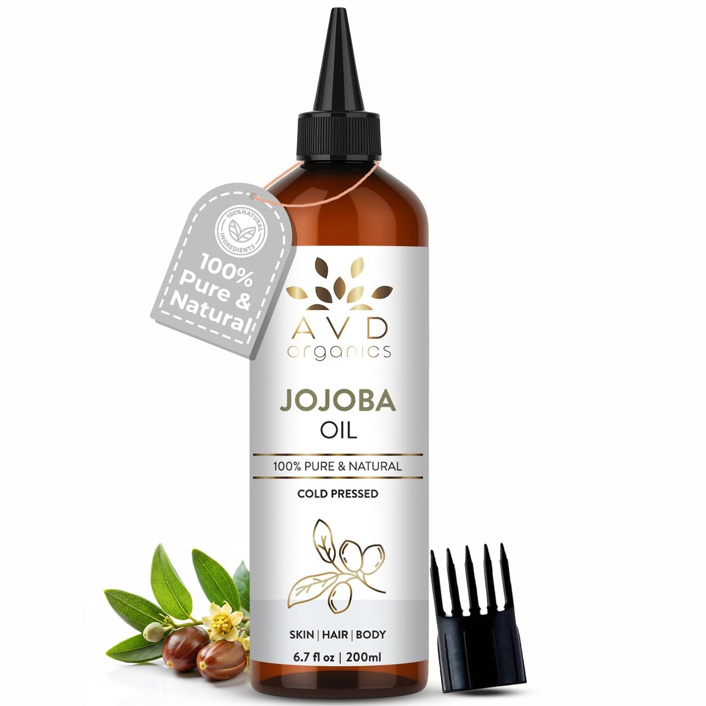 AVD ORGANICS Jojoba Oil for Skin | 100% Pure (6.7 fl oz) Cold Pressed Unrefined Hexane Free | Moisturizing for Face, Hair, Skin & Nails | 200ML
