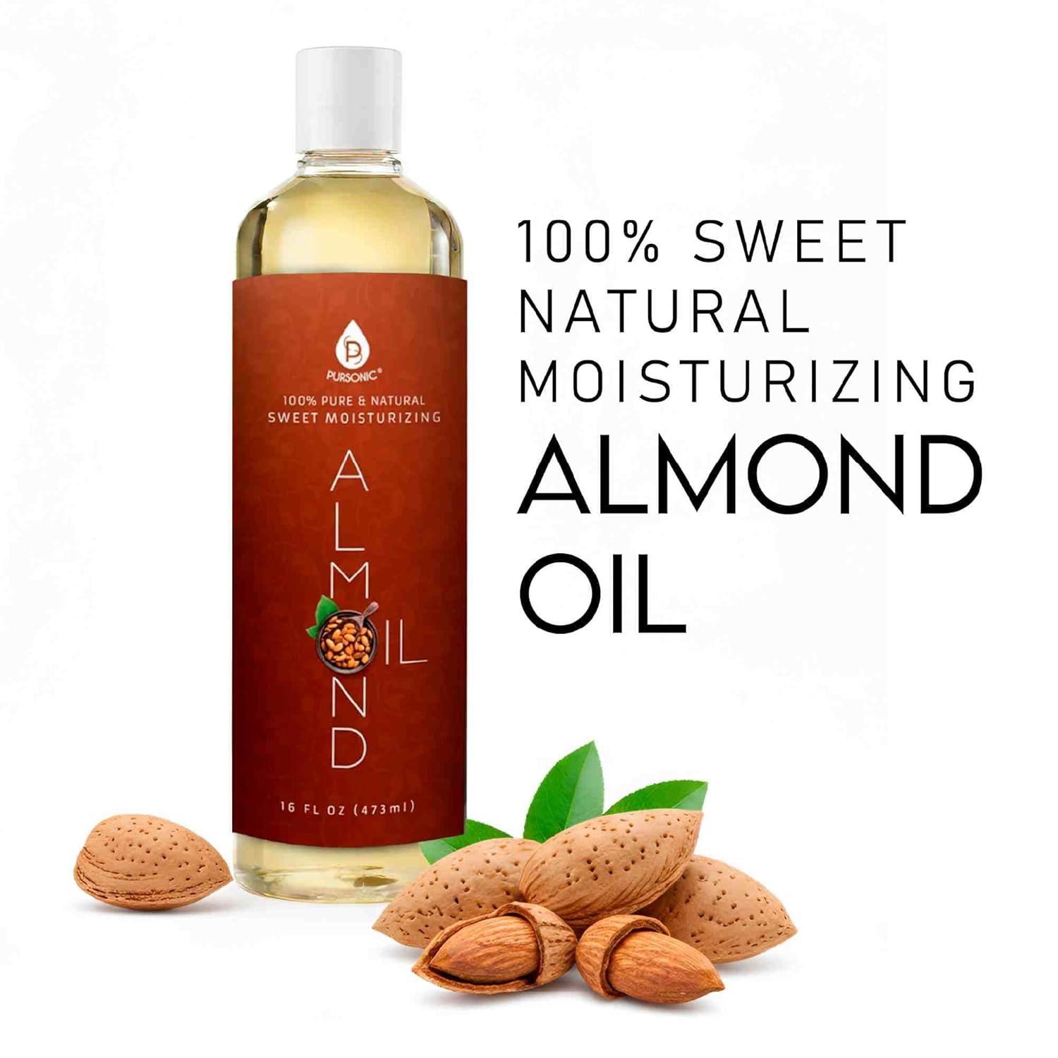 Pursonic 100% Natural Sweet Almond Oil for Skin – Nourishing Formula for Body & Hair Care, Aromatherapy, Moisturizing and Massage - Almond Essential Oil for Glowing Skin & Healthy Hair