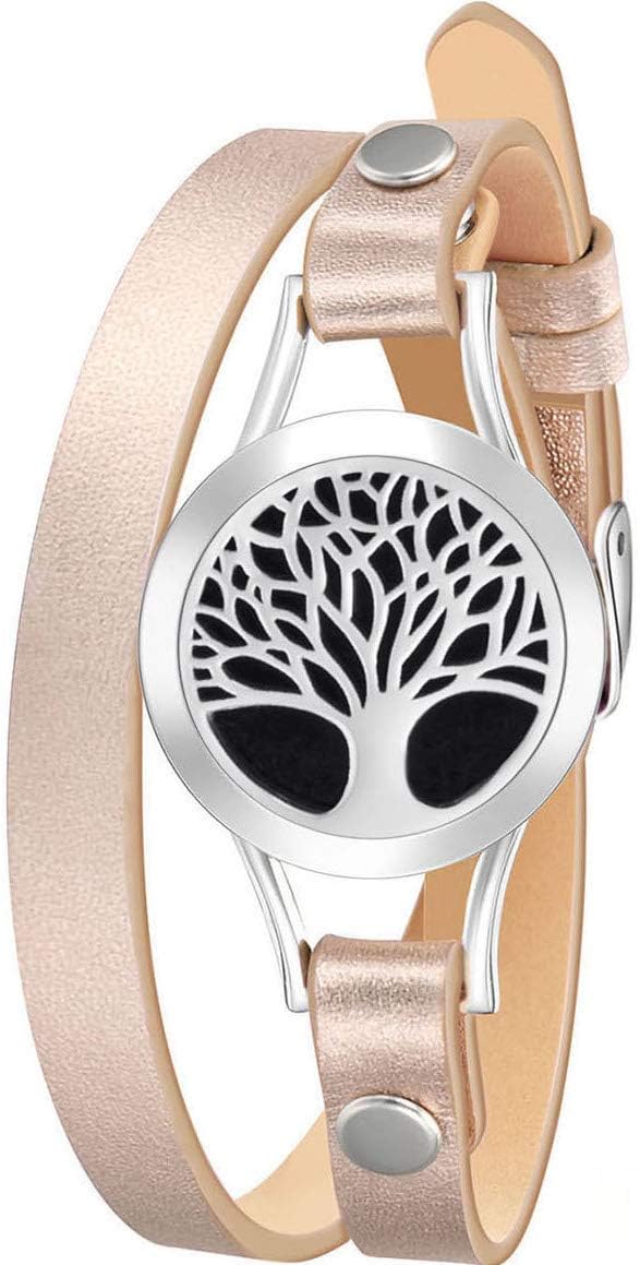 Wild Essentials Tree of Life Essential Oil Bracelet Diffuser, Leather Wrap Band, Stainless Steel Locket Pendant, 12 Color Refill Pads, Customizable Color Changing Perfume Jewelry for Aromatherapy