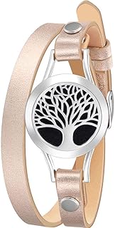 Wild Essentials Tree of Life Essential Oil Bracelet Diffuser, Leather Wrap Band, Stainless Steel Locket Pendant, 12 Color Refill Pads, Customizable Color Changing Perfume Jewelry for Aromatherapy