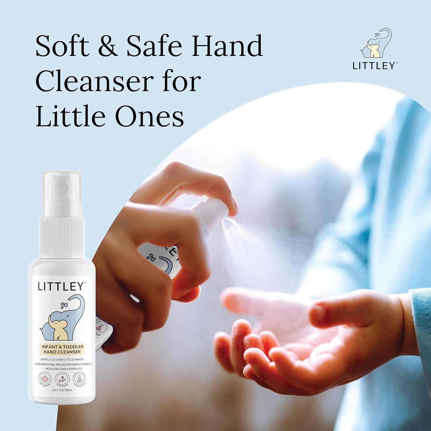 Littley Infant & Toddler Hand Cleanser | Alcohol-Free HOCl Spray for Delicate Skin | Fragrance-Free Formula | Gentle & Convenient Hand Mist | Portable Travel Size | 2 oz