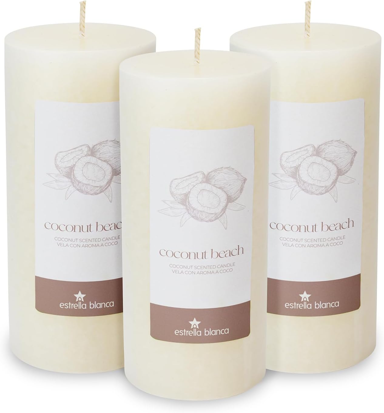 3x6 inch Ivory Rustic Coconut Pillar Scented Candle - 3 Pack - Candles for Home Decor, Aromatherapy, Weddings, Restaurants, Spa, Church