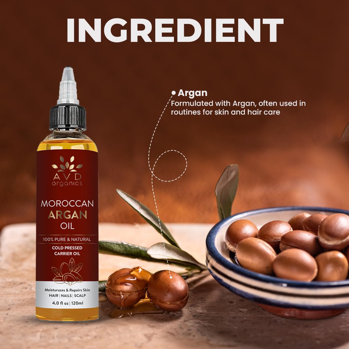 AVD Organics Argan Oil for Hair 120ml – 100% Pure & Natural Moroccan Argan Oil for Adult Hydration, Nourishing, Strengthening, Curly, Frizzy, Dry, Damaged Hair,Face, Skin, Scalp & Nails – (4.05 fl oz)