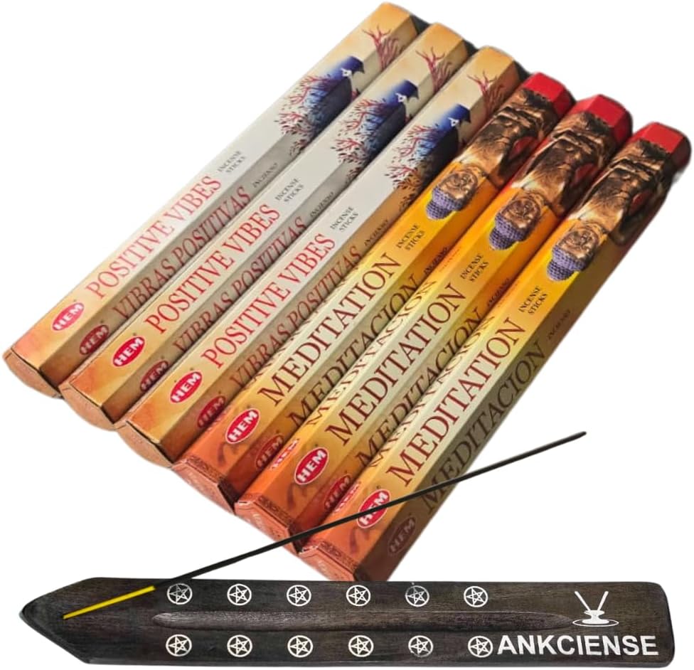 Sandalwood & Vanilla Incense from Hem Bundled with ANKCIENSE Incense Holder Bundle, Variety Pack of 120 Sticks (Positive Vibes & Meditation)