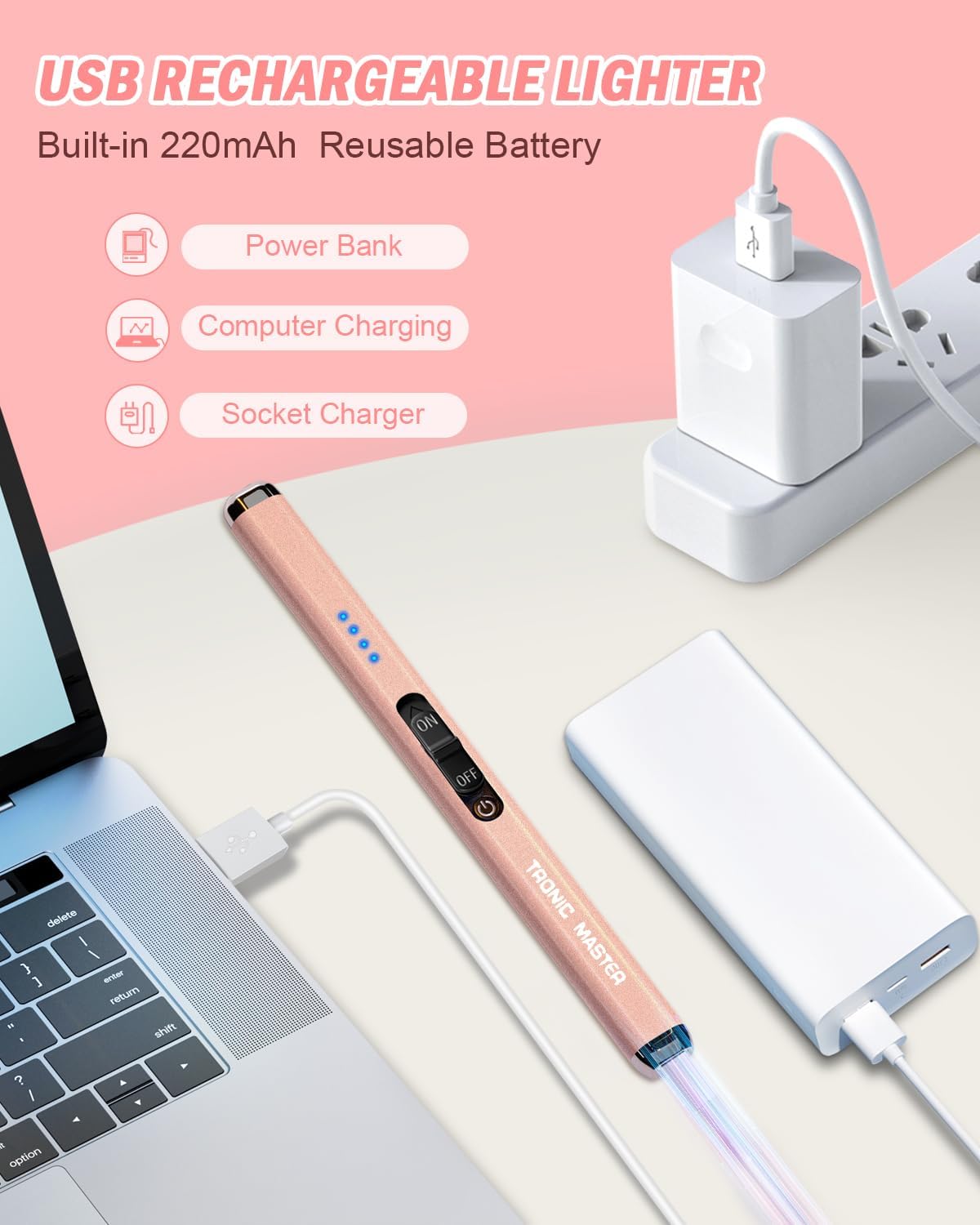 Electric Candle Lighter Valentine's Day Gifts for Women Mom Men Dual Arc USB Rechargeable Windproof Lighter for Candle BBQ Birthday Camping Gift Idals(Rose Gold)