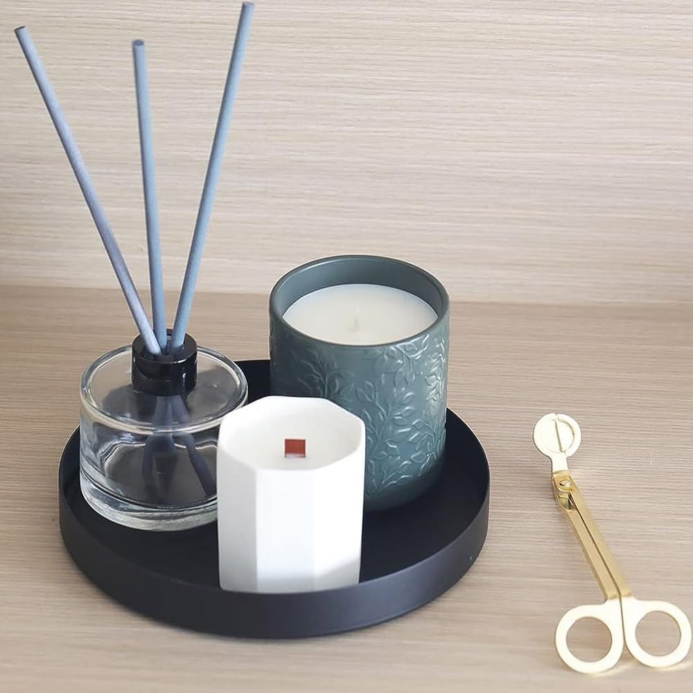 Black Round Metal Candle Holder Tray, Decorative Serving Tray for Modern Farmhouse Home Decorations (7.8")