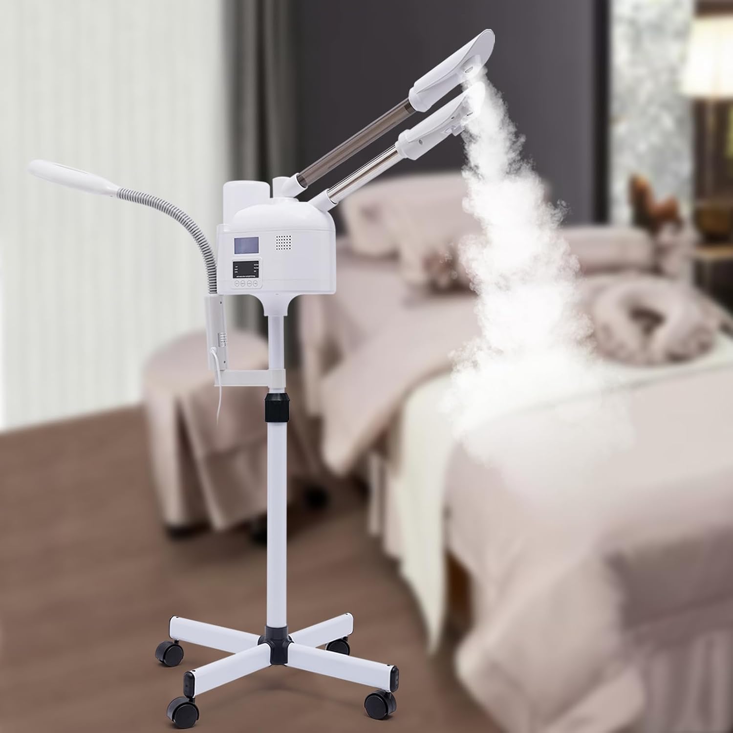 Professional Nano Ionic Hot Cold Facial Steamer with LED Magnifying Lamp, Adjustable Height, Rolling Wheels, 360° Nozzle, for Home Salon Spa Skin Care