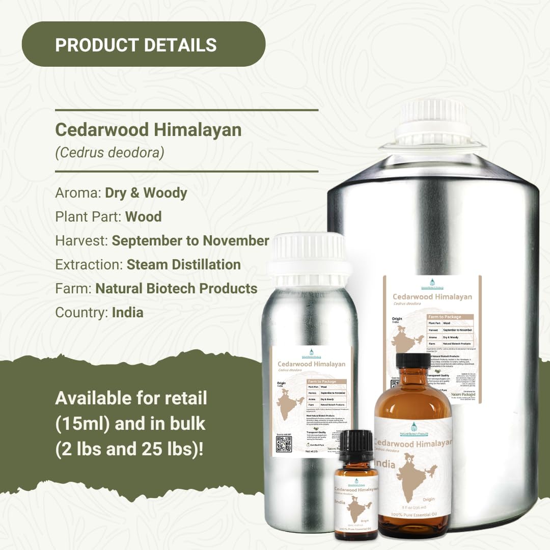Cedarwood Himalayan Essential Oil - 100% Pure Steam Distilled Natural Cedarwood Himalayan Oil (Aceite de Cedro) from Natural Biotech NBT India for Aromatherapy & DIY Projects - 15ml