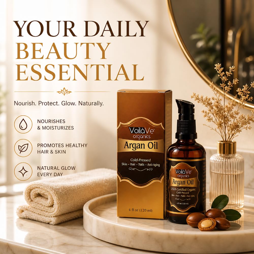 VoilaVe USDA Pure Organic Moroccan Argan Oil for Skin, Nails & Hair Growth, Anti-Aging Face Moisturizer, Cold Pressed, Hair Moisturizer, Rich in Vitamin E, As Seen On TV - 4 fl oz