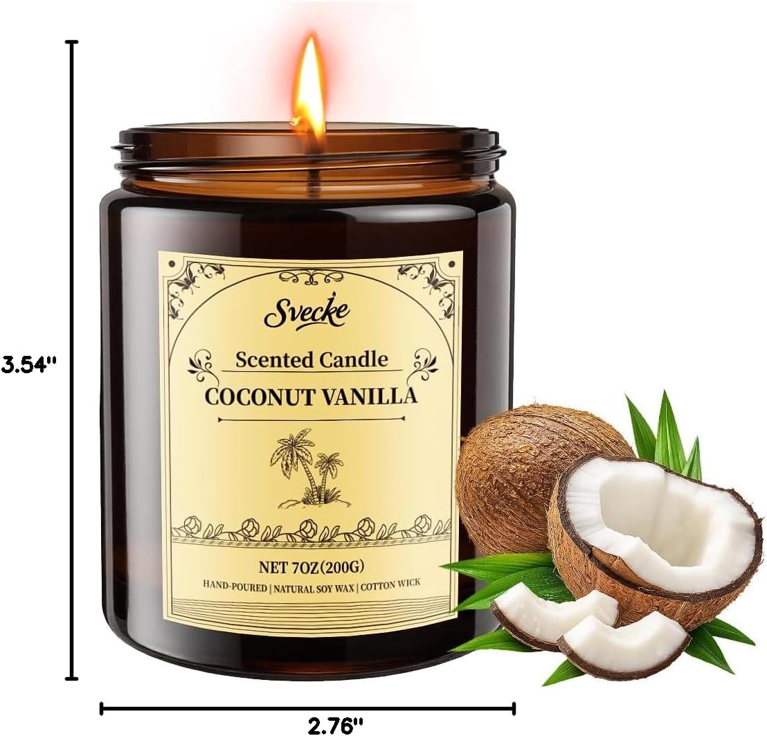 Coconut Vanilla Scented Candles, 7oz Soy Wax Candle, Long Lasting Aromatherapy Jar Candle for Home, Scented Long Burning Candle Gift for Women and Men