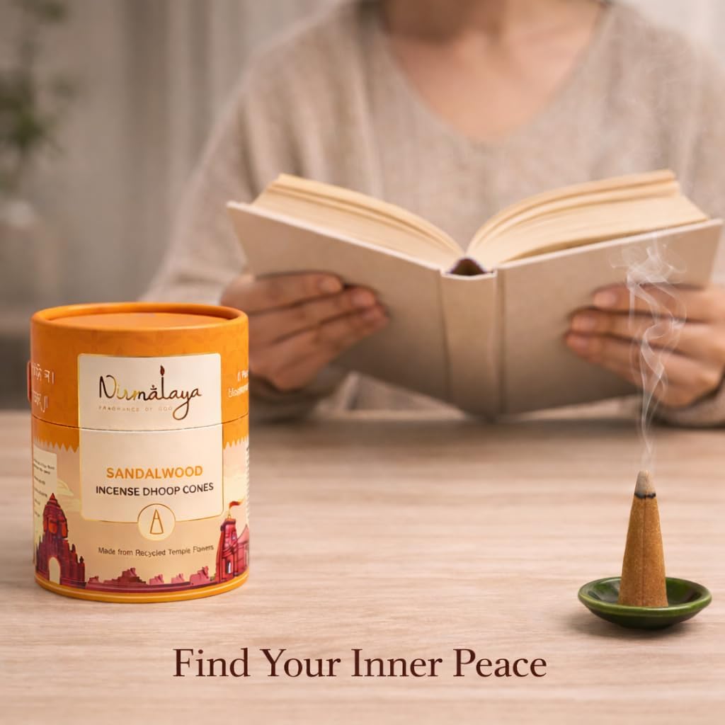 Nirmalaya Premium Sandalwood Incense Dhoop Cones with Free Stand | Charcoal-Free & Organic | Made with Recycled Temple Flowers | 25+ Min Burning Time | 60 Cones