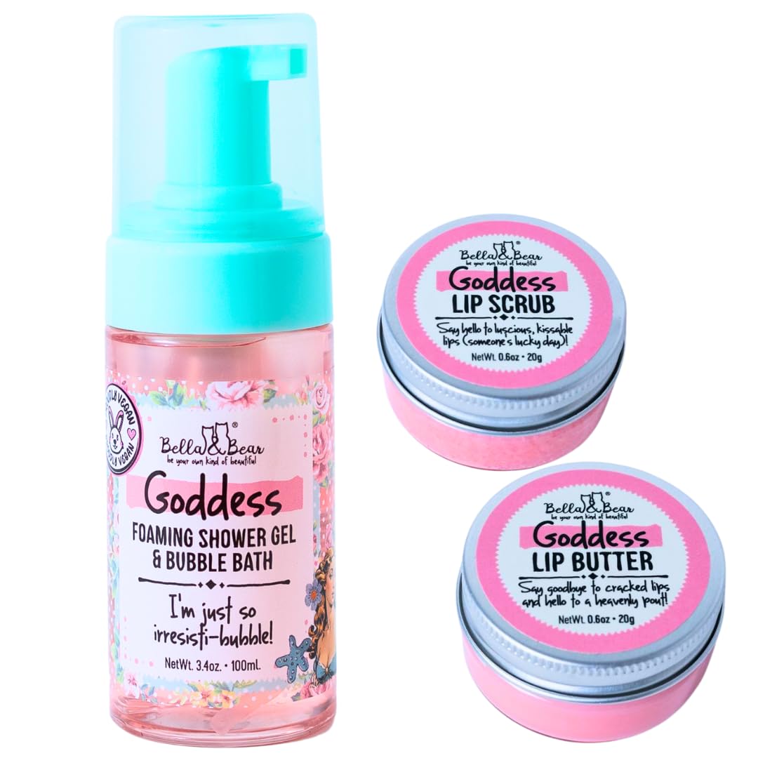Bella & Bear Goddess Mini Bath & Body Gift Set with 2 in1 Foaming Shower Gel & Bubble Bath, Lip Scrub, Lip Butter - Gift - Teens - Tweens - Women