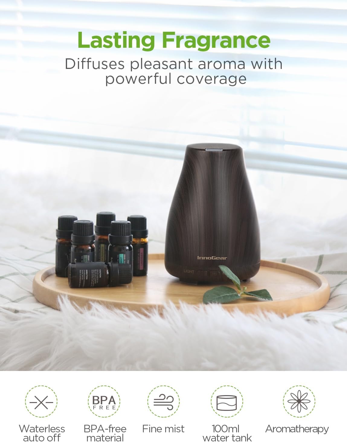InnoGear Essential Oil Diffuser with Oils, 100ml Aromatherapy Diffuser with 6 Essential Oils Set, Aroma Cool Mist Humidifier Gift Set, Dark Wood Grain
