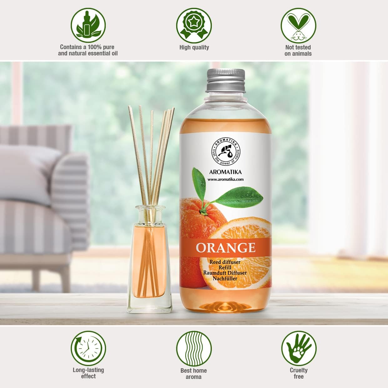 Orange Room Diffuser Refill Set 2*17 Fl Oz - Room Fragrance Diffuser with Natural Essential Orange Oil - Best for Aromatherapy - Spa - Home - Kitchen - Bath - Office - Fintess - Restaurant - Boutique