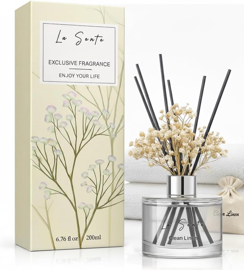 Reed Diffuser Set (6.7fl oz), Natural Clean Linen Essential Oil Fragrance with Glass Bottle, Black Rattan Sticks & Preserved Flowers, Up to 120 Days Lasting Fragrance for Home & Office