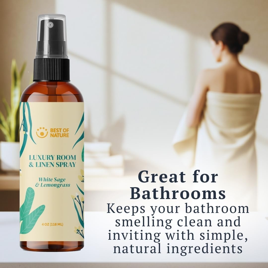 Best of Nature White Sage & Lemongrass Luxury Room & Linen Spray: 100% Natural Clearing Sage Spray for Freshening Rooms, Cleansing Energy, and Refreshing Linens - Pure Essential Oil Air Freshener