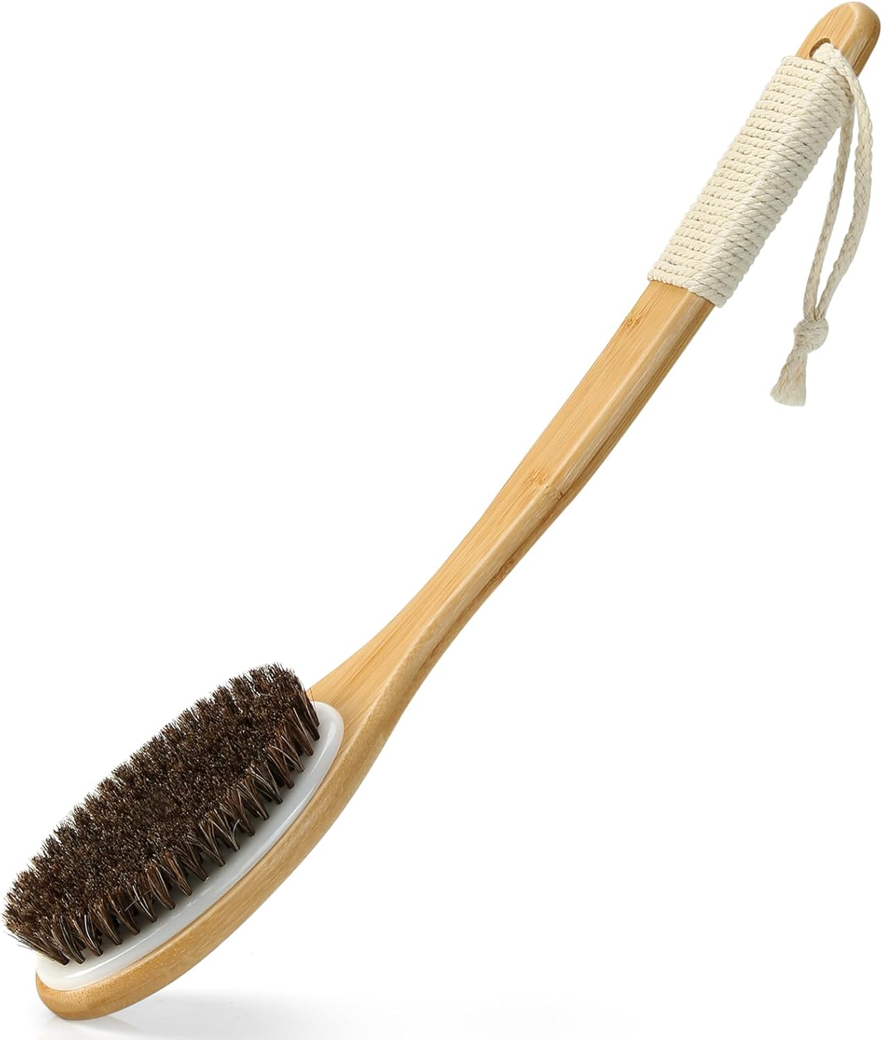 eaxun Bamboo Shower Brush with Curved Long Handle, 16.7 Inches Exfoliating Back Scrubber with Natural Bristles for Men & Women, Back Exfoliator Body Washer for Bath or Dry Brushing