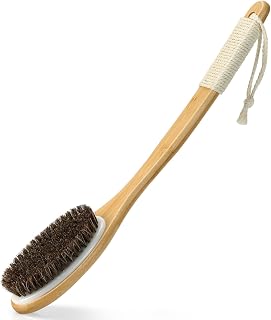 eaxun Bamboo Shower Brush with Curved Long Handle, 16.7 Inches Exfoliating Back Scrubber with Natural Bristles for Men & Women, Back Exfoliator Body Washer for Bath or Dry Brushing